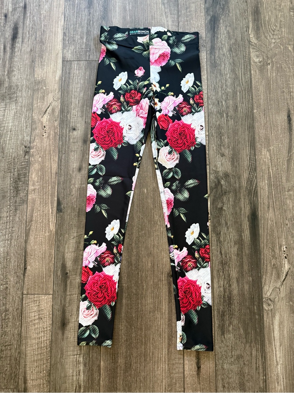 Gearbunch Floral Black Leggings with Pink & Red Rose Print